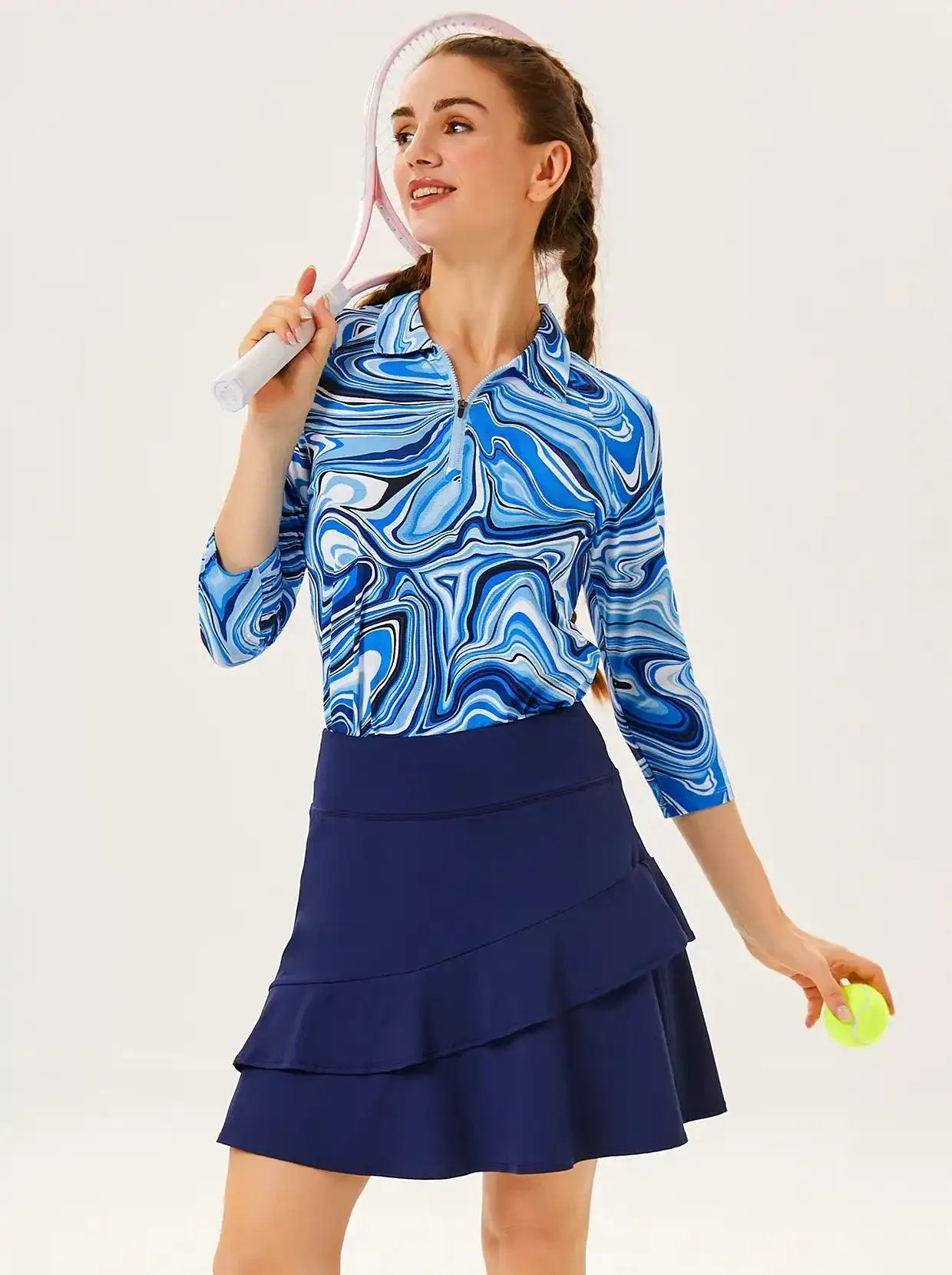 Abstract Blue Print 3/4 Sleeve Zipper Golf Shirt | Suitable for Outdoor Sports