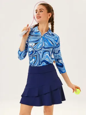 Abstract Blue Print 3/4 Sleeve Zipper Golf Shirt | Suitable for Outdoor Sports
