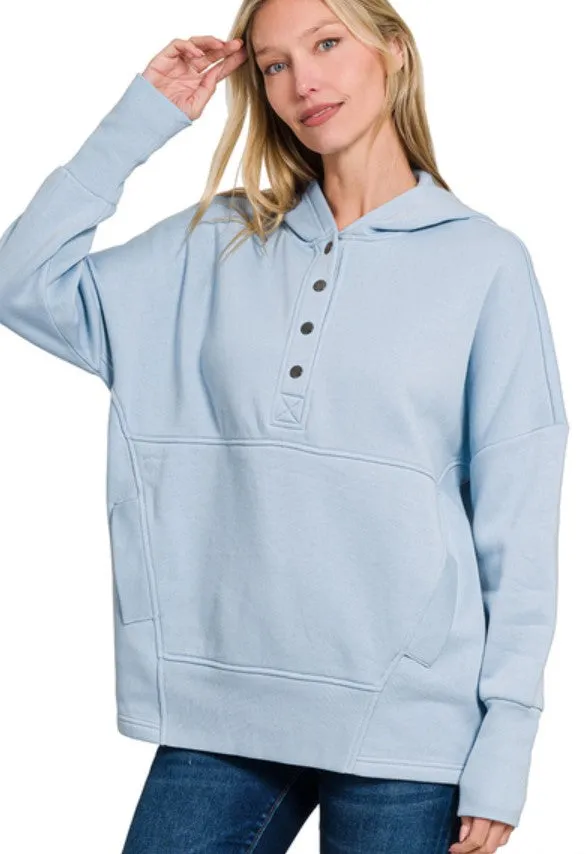 FLEECE HALF SNAP BUTTON HOODED SWEATER