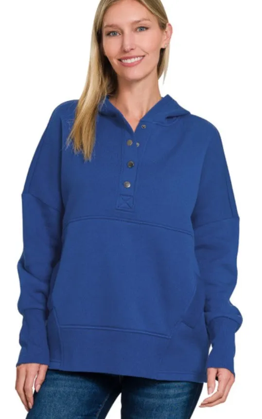 FLEECE HALF SNAP BUTTON HOODED SWEATER