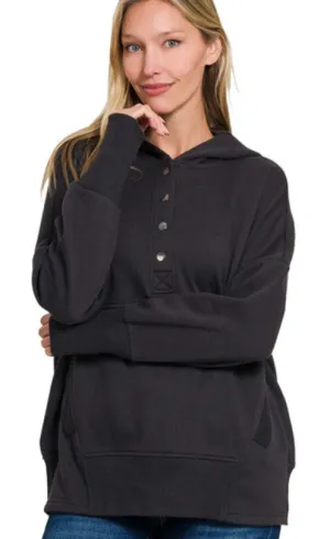 FLEECE HALF SNAP BUTTON HOODED SWEATER