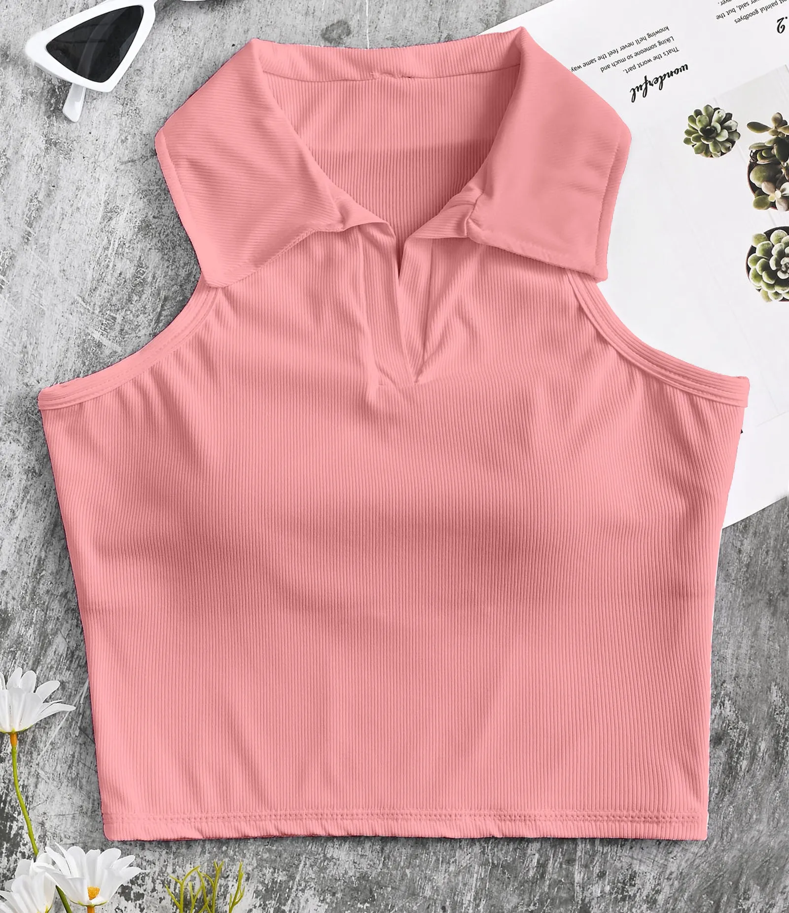 Ribbed Workout Crop Top Collar Shirts